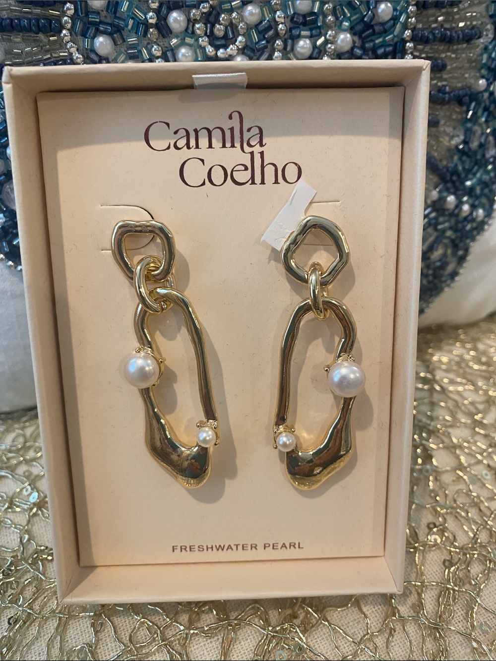 Camila Coelho Gold Sculptural Drop Earrings with Pearls